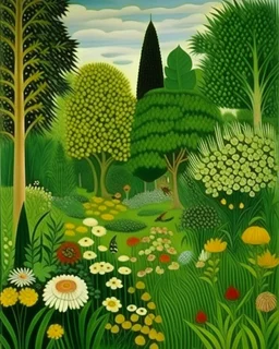 A green garden with flowers painted by Henri Rousseau