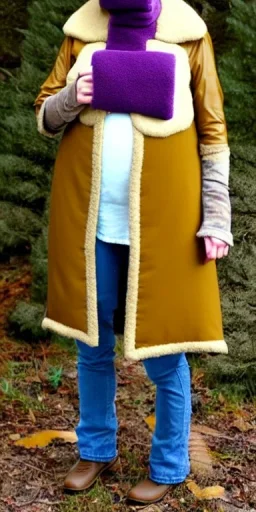 Image shows wholly a Brunette woman. average body type. Mantle is sewed of recycled Denim and sewed together of camouflage pieces. Camouflage colors are orange,terracotta, cream and purple. Cream latex gaiter. More yellow(Munsell)!!!Big bright purple/khaki felt tippet and cream or blue or lilac colored-hood. mantle is merged with satchel. . AKG-style headphones (gold rings!) is merged with small felt cap with small visor. Style: Haute Couture in 1936, Paris fashion in 2023.