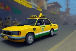 cyberpunk, ghana flag, ghana taxi, ghana bus, village, 8k quality