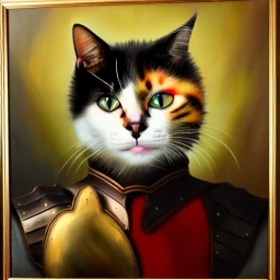 Oil on canvas portrait of a cat with armor Rembramdt style 8k