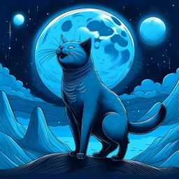 Un gato color azul cantando en primer plano en medio de un paisaje lunar nocturno con estilo realista