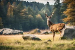 deer in forest next to rocks and grass fields