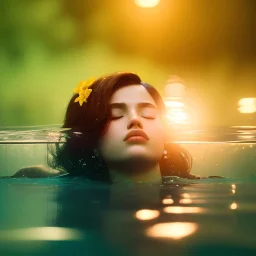 girl underwater with yellow flowers for hair, closed eyes, rtx, reflection, 8k, glow, winning photography, caustics