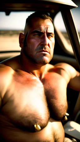 full body shot photography of an Italian sicilian taxi driver burly ugly sitting in the taxi, chubby tired 45 years old driving shirtless, bullneck, thin gold chains, short beard, sweat, short hair, bulge, robust, manly chest, looking down, big shoulders,, photorealistic, side light, ambient occlusion, tired eyes. 35mm lens, internal view inside the Taxi