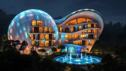 Inspiring organic futuristic fantasy building at night, inspired by the shape of spiral sea-shells. Iridescent walls made of shimmering, innovative semi-transparent opalescent materials. The happy building has large, curved, intriguing elongated windows, many curved balconies. The building is surrounded by gardens and fountains and set deep in a forest. Award-winning photograph, beautiful composition, joyful vibe, wonderful excitement