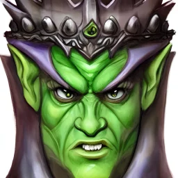 dungeons and dragons, fantasy, goblin, king, green skin, watercolour, large strokes, distinct face, portrait, head, crude crown