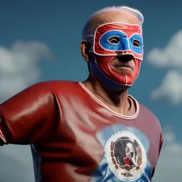 realistic image of joe biden as a mexican wrestling fighter posing outdoors, Mexican eyes wrestling mask, red and blue, retro style, 80s, vibrant color, highly detailed, sky background, concept art, unreal engine 5, god rays, ray tracing, RTX, lumen lighting, ultra detail, volumetric lighting, 3d, finely drawn, high definition, high resolution.