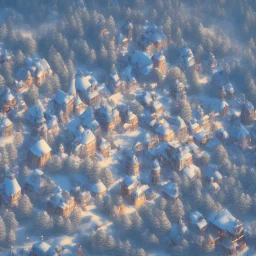 kleines Dorf, Schnee, Mittelalter, Vogelperspektive