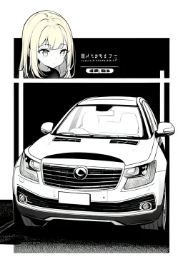 blonde young girl inside car, greyscale