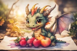 double exposure, merged layers, painted and burned burlap, cute chibi anime dragon eating fruit, melting watercolor and black ink outlines on wet paper, soft, shading strokes, in sunshine, ethereal, otherwordly, cinematic postprocessing, bokeh, dof