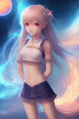 A soft and beautiful and innocent anime girl. Background is a world of fire and ice