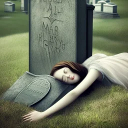 Girl crying laying next to a tombstone, cute, beautiful