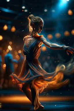 dancing, in the style of fantasy movies, photo-realistic, shot on Hasselblad h6d-400c, zeiss prime lens, bokeh like f/0.8, tilt-shift lens 8k, high detail, smooth render, down-light, unreal engine 5, cinema 4d, HDR, dust effect, vivid colors, smoke, dust, fireflies