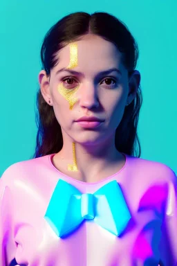 Ultra Realistic image, Rosalía artist, 40 years old, portrait, normal complexion, natural small busty, traditional little tattoo, two bows, little chopsticks hair ,black eye long liner, latex t-shirt and inflatable coat, gold pink and blue style, spray line glow make up, geometric led jewelry, fog, hot, inflatable style latex coat, vibrant color, highly detailed, art stations, concept art, smooth, unreal engine 5, god rays, ray tracing, RTX, lumen lighting, ultra detail, volumetric lighting.