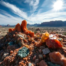 Close-up fantastic mineral constructions and multicolored concretions under a sparkling sky in a desert panorama, reminiscent of the fiery expanses of Arizona