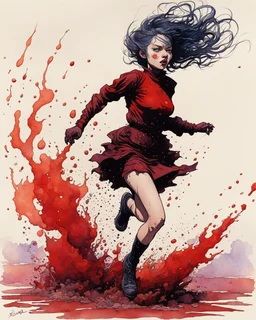 Petit girl goth, run pose, fullbody, splashes blood, behind guts rising from the ground, watercolor illustration by Jean Giraud Moebius, darkred tones,