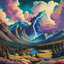 beautiful vibrant natural colors, landscape of Rocky Mountain National Park, pop art, clouds, storm, lightening , mountains, poster, Colorado