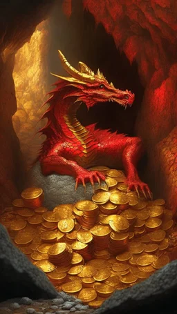 red dragon sitting in piles of gold, cave background