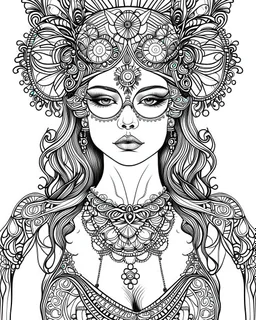 symetrical woman with blindfold tattoo, coloring book page, clean line art, adults drawing book, Black and white only, crisp black lines, sharp lines, coloring page for adults, black and white picture, lots of details, tattoo style,tattoo ideas, full body