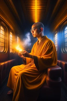 portrait of spiritual monk holding lotsa phones chatbot smoking a sigar on a throne in a fast bullet train , smoke, 4k, downlight, soft light, depth of field, photorealism, trending on art station