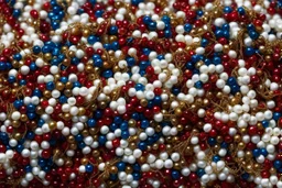 [dices and skills] close-up high res photo by Barry Webb: a gypsy's wrist surrounded and saturated by strings of pearls, the hundreds of pearls in every color shaped like dice or skulls. It's the childlike, mortal symbol of chance intertwined with destiny.