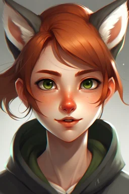 A young female with short red hair, dark green eyes, large fox ears, slight smile, pale skin, freckles