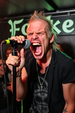 A very angry and bitter punk rocker screaming at microphone, very aggresive image in a club house, his name i FOLKE, and the name FOLKE in background