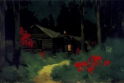 Night, cabin, pine trees, pathway, red flowers, edouard manet impressionism painting