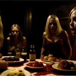 Horror movie shot, hot ail, ultra realistic, dine, they enjoy it, ultra realistic hot blonde women, party, pieces of meat, organs, ail, dynamic, very excited people, hypermaximalist figures, light, 1970's Italian horror movie, sinister,, Dario Argento, Stanley Kubrik, ornate, 4k, photorealism