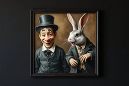 Real Charlie Chaplin and town major troll mouse rabbit in style of Rembrandt and Fallout 4, with motion blur, all on a painting on wall with black wooden frame and with black wall background