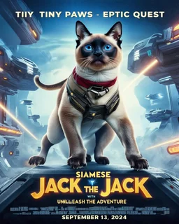 Create a realistic movie poster for 'Siamese Jack the Krack' featuring a siamese in an adventurous setting, with futuristic elements, dramatic lighting, and the tagline 'Tiny Paws, Epic Quests: Unleash the Adventure with Siamese Jack!' with a release date of September 13, 2024