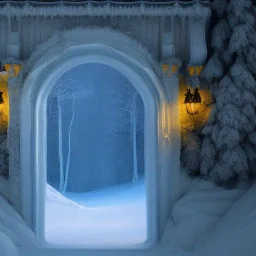 ethereal winter flowers, carved ice door at the end of ice steps, magical atmosphere, Renato muccillo, Andreas Rocha, Johanna Rupprecht, Beardsley, Unreal render, cinematic blue --aspect 9:16 --s 2500