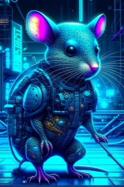 Hermos dibujo de un ratón con armadura cyberpunk, full body, calidad ultra, hiperdetallada, increíble obra de arte, colores complementarios, maximalista