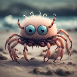 Fantasy Coastal Eyeless Creatures Oddly Turned Into Dangerous Viruses based on crabs with fluffy wings, funny legs, simple cute appearance, photo