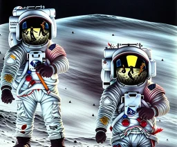 little boy and big teddy bears on moon. drifting in old bmw. oil on canvas