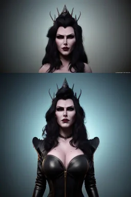 Amy Dumas as evil queen in black leather, leather, busty, cleavage, angry, rage, stern look. character design by cory loftis, fenghua zhong, ryohei hase, ismail inceoglu and ruan jia. unreal engine 5, artistic lighting, highly detailed, photorealistic, fantasy