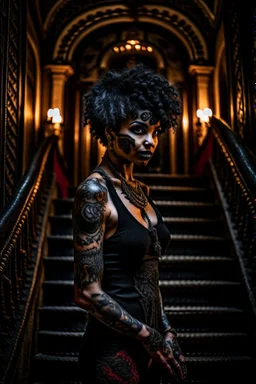 scarred cyberpunk vampire girl with tribal tattoos short curly dark cyberpunk hair descending the staircase in decaying dark mansion on fire