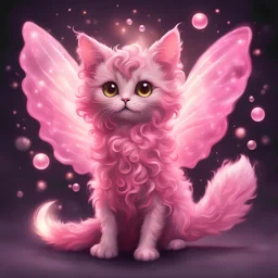 A creature covered in pink fur with a super curly pink tail cat-like ears tipped with dark brown markings curly hair short pink fairy wings singing in pink moonlight as bubbles sparks and fire balls float around them, in card art style