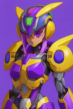 A Genderless Cyborg made of metal, has a human like face with a long violet ponytail, the cybord is wearing armor similar to Megaman Zero. The color palatte of the armour is deep purple and yellow.