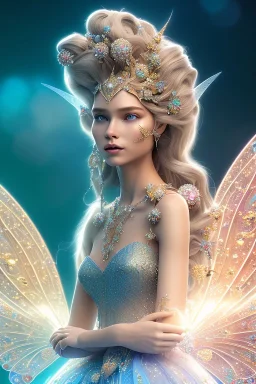 A portrait of a crystalline fairy, smile, mythical,fantasy , magnificent, majestic, highly intricate, Realistic photography, incredibly detailed, ultra high resolution, 8k, complex 3d render, cinema 4d