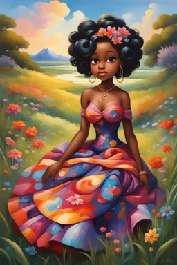 In this oil painting, we encounter a charming chibi black cartoon character, exuding warmth and tranquility as she sits amidst a serene grassy landscape. Her curvaceous figure is adorned in a vibrant and colorful maxi dress, each hue blending harmoniously to create a kaleidoscope of joy. The character's hair is a sight to behold, twisted up in a graceful updo that cascades in gentle waves. The flowing black strands add a touch of elegance to her appearance, framing her face with a sense of grac