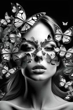 abstract a face of beautiful girl with a mask of white Butterflys flying away in black and white