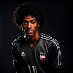 85mm DSLR color photography of a very detailed headshot fitting all of head and hair in frame. 20-year-old American soccer player, with black hair color and with small facial hair and has a brown skin tone and has a small afro and a taper fade with a small smile, grey background