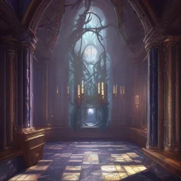 fantasy concept art, dynamic lighting, Intricately detailed, Splash screen art, deep color, Unreal Engine, volumetric lighting, fantasy library artwork, black leather, black marble, Fantasy library artwork, white candles, white silk, vines, moss, stained glass windows,