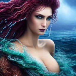 high-quality, fine-detail close-up portrait of gorgeous, stunning goddess of water, stormy ocean as hair, vibrant seaweed as dress, 8k resolution, 3D octane render, intricate, digital art, detailed matte, volumetric lighting, George Grie, Anne Dittman, Anne Stokes, Lisa Parker, Selina French,