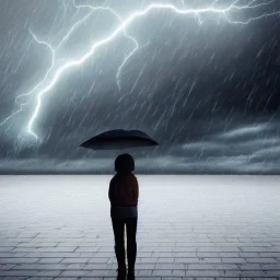 A princess standing. Epic scale. Heavy cold rain. Thunderstorm. An engineer looking up. Futuristic scenary. Gray mist.