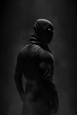 Background is dark grey, almost black. There is a head and torso silhouette looming in the picture, completely masked by a black kevlar suit.