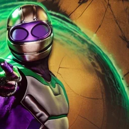 Kevin Bacon as Mysterio, Marvel, Green mist, dead spider man, MCU Multiverse, Zombie Avengers, Purple Background, Green clouds, Wearing helmet, Mist in helmet, Evil Dead Cabin, Necronomicon Book,