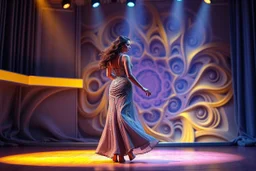 modern stage with gray-dark yellow blueish violet theme artistic decoration , color full dynamic lighting, a beautiful lady in maxi dress with shining silver jewels ,curvy long hair,dancing, 3D recursive fractal structure animating background