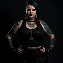 Picture of a photrealistic, lifelike,young 33 year old chubby extreme tatood girl with big scary knifes in her hands and a 46 years old extreme tatooed woman, dressed in gothpunk clothing and boots,